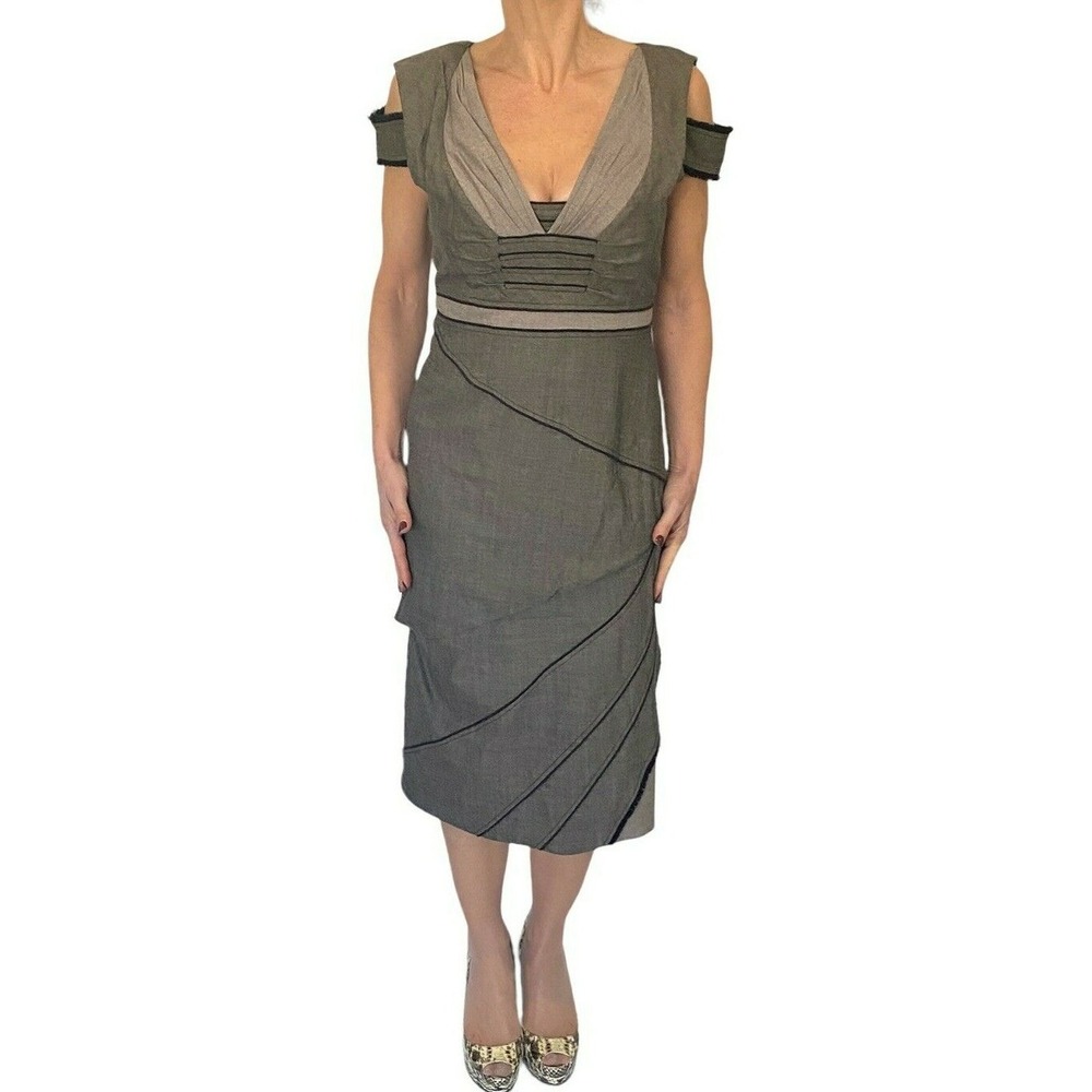Zac Posen Womens Dress Brown Wool Cold Shoulder V- Neck Midi Sz 10 NWT $1350 - Picture 2 of 9